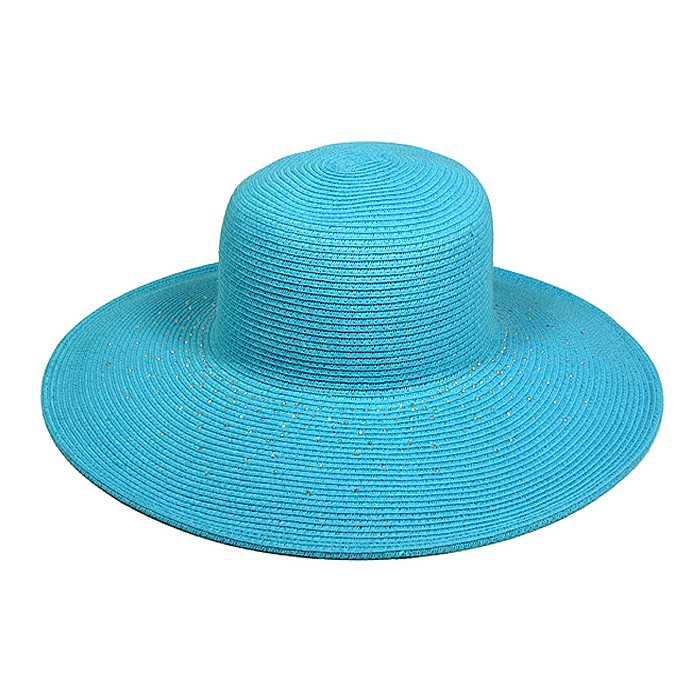 Straw Big Rim Hats - Paper Straw Braided w/ Rhinestones - Blue - HT-ST252BL